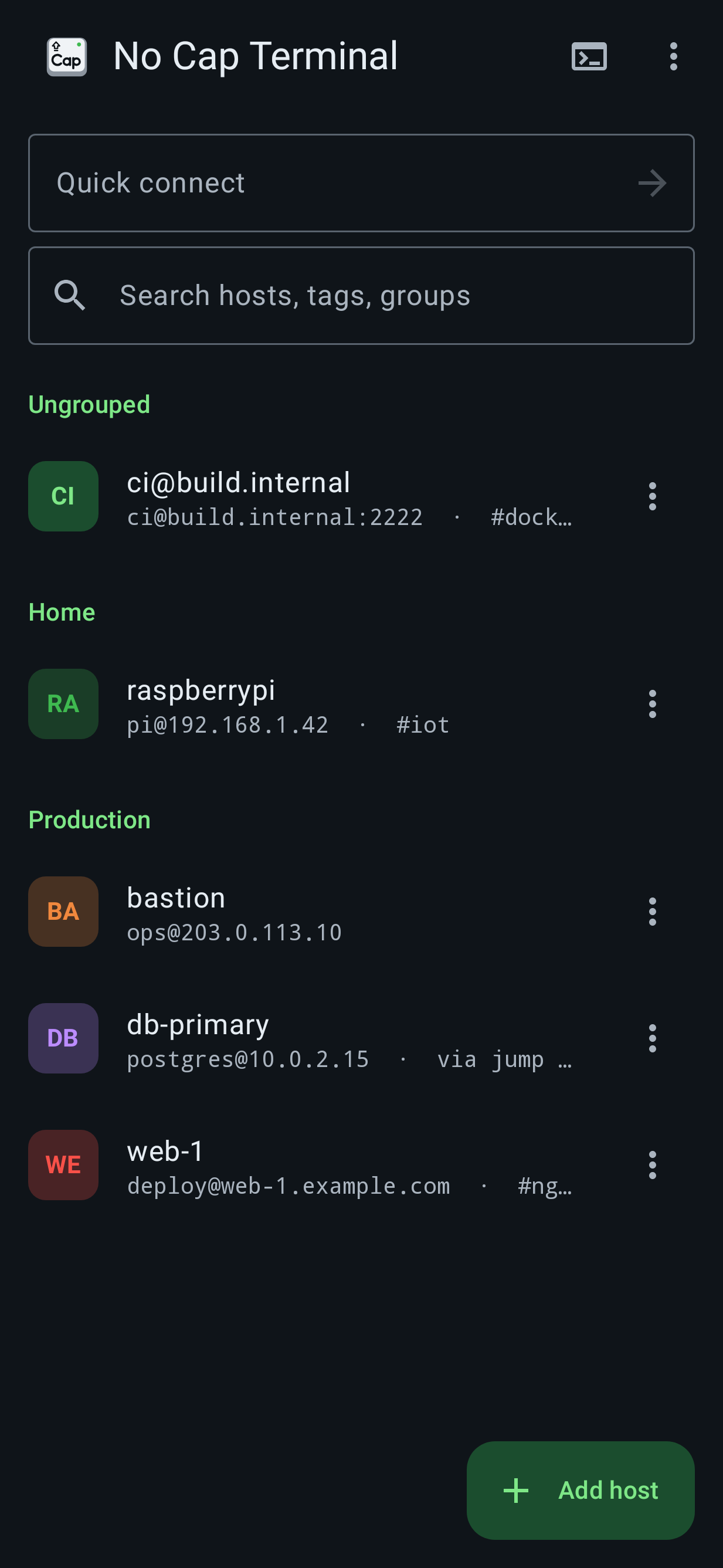 List of saved hosts